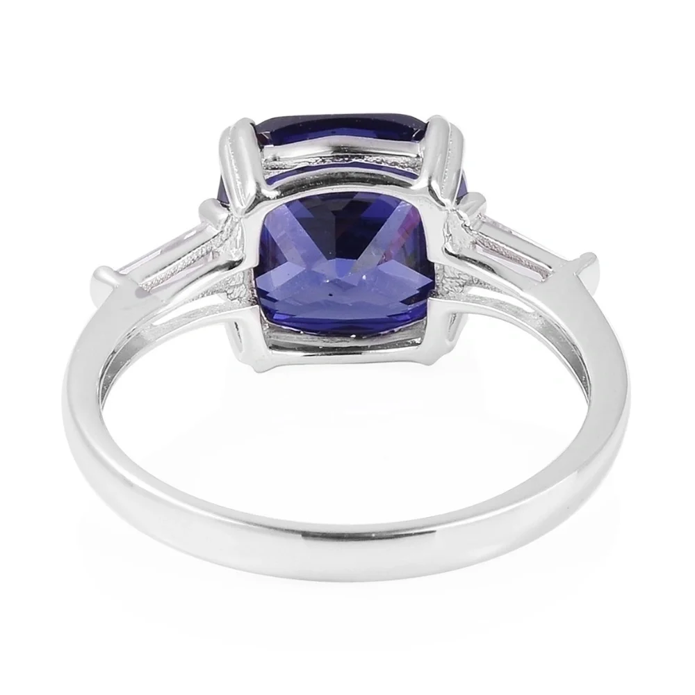 Blue & White CZ Sterling Silver Cushion Cut Ring Size 6 Simulated Tanzanite
